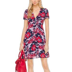 Michael Kors V-Neck Floral Short Sleeve Dress Pockets Pink Red Blue Print 4 NWT